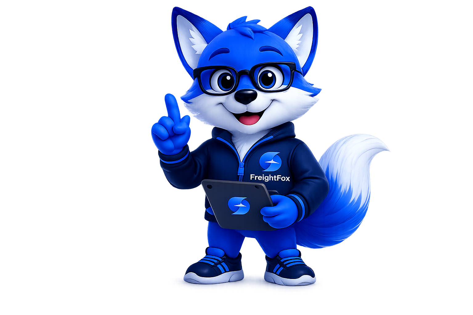FreightFox mascot holding a tablet